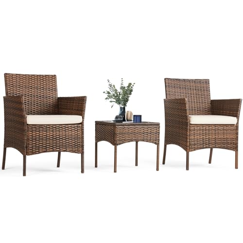 Sweetcrispy Patio Furniture Set 3 Pieces, Outdoor Furniture with Soft Cushion and Glass Table, All Weather Manual Weaving Wicker Rattan Patio Chairs for Garden, Terrace, Porch, Lawn (Brown and Beige)