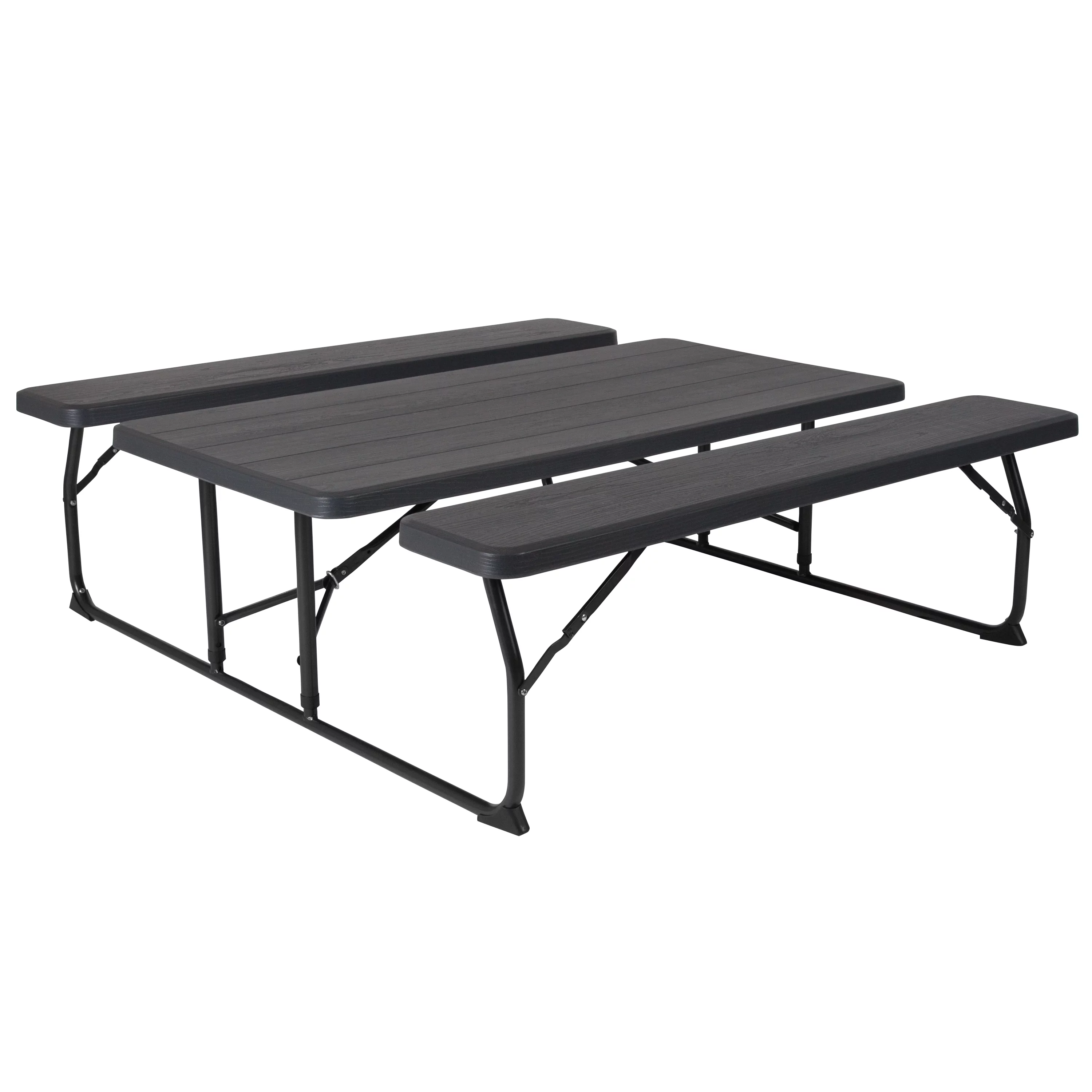 Flash Furniture Insta-Fold Charcoal Wood Grain Folding Picnic Table and Benches - 4.5 Foot Folding Table