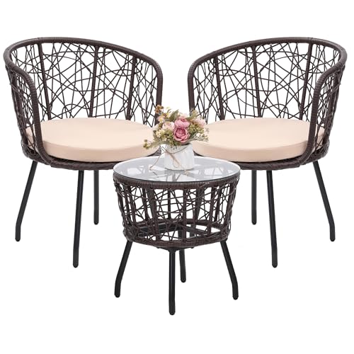 Kromax 3 Pieces Patio Rattan Bistro Conversation Set, Outdoor All-Weather Wicker Furniture Chairs and Side Table Set Ideal for Balcony, Porch and Backyard, Beige