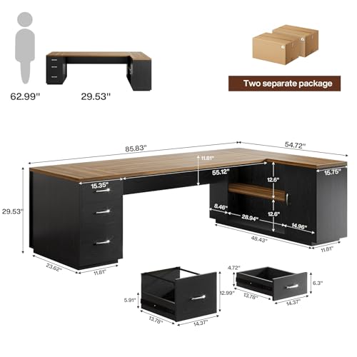 Tribesigns 85.8-Inch L-Shaped Executive Office Desk with File Drawers & Storage Cabinet, Professional Corner Computer Desk Extra Large Business Workstation with Adjustable Shelves (White&Walnut)