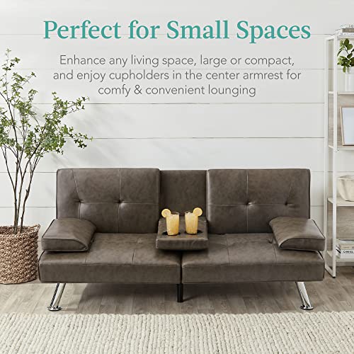 Best Choice Products Faux Leather Upholstered Modern Convertible Futon, Adjustable Folding Sofa Bed, Guest Bed w/Removable Armrests - Blue