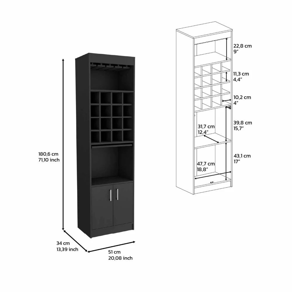 Depot E-Shop Athens Kava Bar Cabinet, 16 Built-in Wine Rack, Two Door Cabinet, Two Shelves, Black