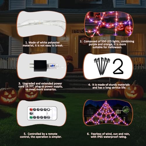 Halloween Spider Web Lights 550 LED Lighted Spider Web 16.4Ft Giant Halloween Decorations Light up with 8 Lighting Modes Waterproof & Timer for Indoor Outdoor House Haunted Yard Decor, Orange & Purple