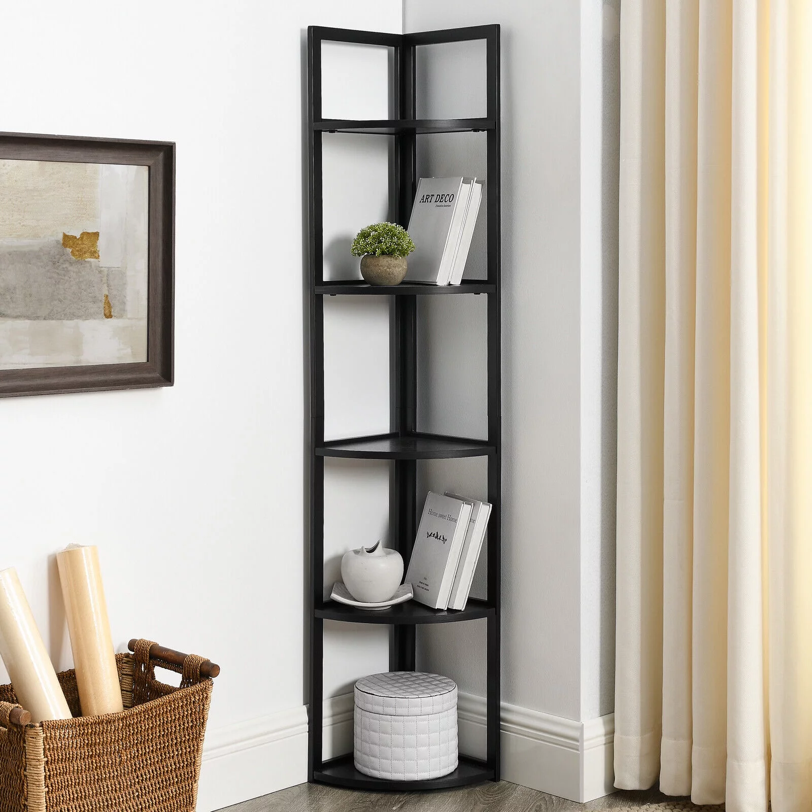 BMTBUY 5 Tier Corner Bookcase, Rustic Corner Storage Rack Plant Stand Small Bookshelf for Living Room White