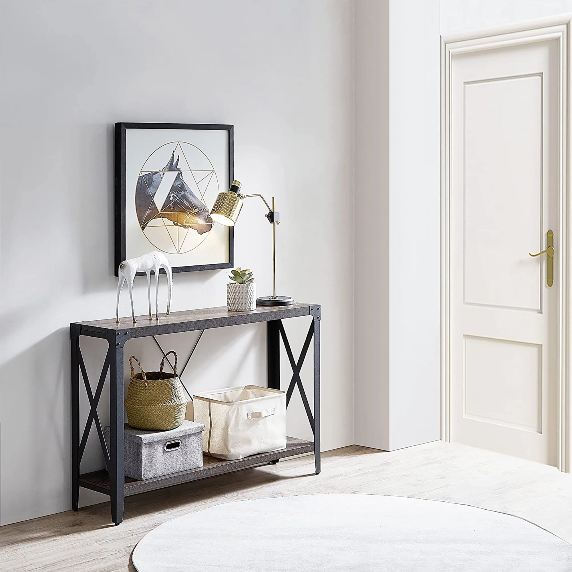 OKD 46 Inch 2-Tier Console Hallway Entryway Accent Table, Dark Rustic Oak