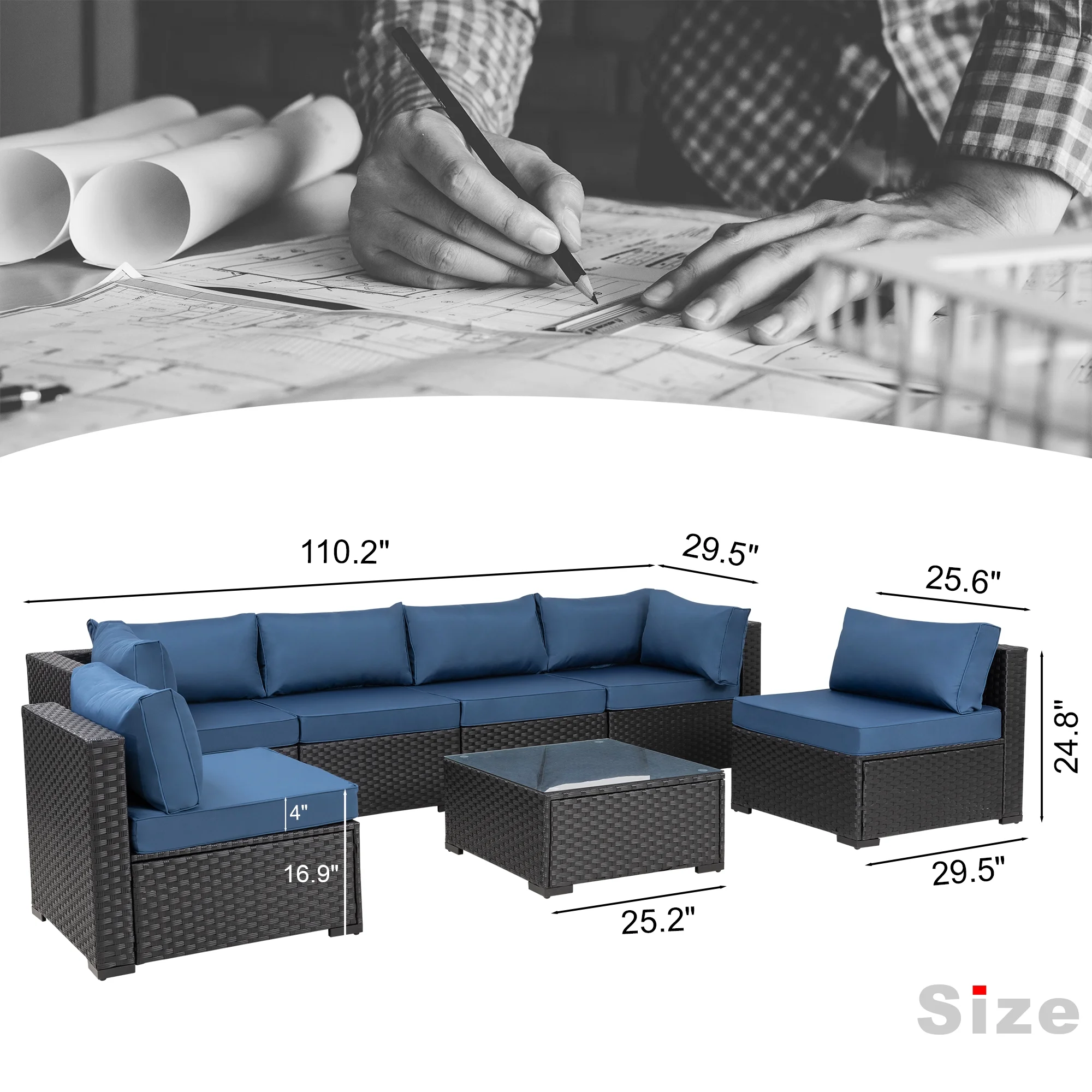 7 Pieces Outdoor Sectional Sofa Furniture Sets, All-Weather Black Wicker Patio Furniture Sets with Tea Table and Washable Couch Cushions Aegean Blue