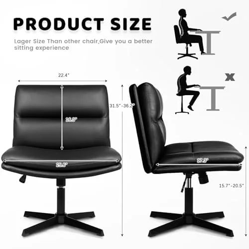 RUNFAYBIU PU-Padded Armless Office Desk Chairs No Wheels  High-Back Wide Seat Home Office Desk Chair  120°Rocking Cross Legged Computer Task Chairs  Modern Adjustable Swivel Vanity Chair