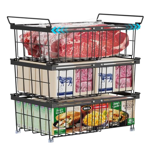 iSPECLE Freezer Organizer Bins - Fit 10 to 20 Cu Ft Chest Freezer, 2 Pack Large Expandable Stackable Deep Freezer Organizer Bins Sort and Easily Get Food without Digging in the Freezer, Black
