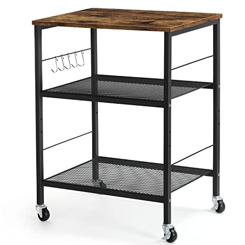 LIANTRAL 3 Tier Rolling Cart, Brown Kitchen Carts on Wheels with Storage, Multifunctional Utility Cart for Kitchen, Bathroom, Living Room, Bar, Office