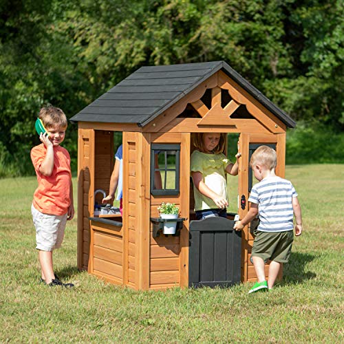 Backyard Discovery Sweetwater Cedar Wooden Kids Playhouse Cottage with Play Kitchen, Snack Bar, Half Door, Toy Phone, Windows, Flowerpot Holders, and Working Doorbell for Outdoor Imaginative Play
