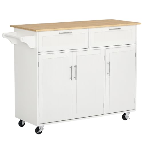 HOMCOM Mobile Kitchen Island with Storage, Kitchen Cart with Wood Top, Storage Drawers, 3-Door Cabinets, Adjustable Shelves and Towel Rack, White