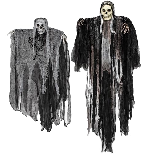 JOYIN 2 Pcs Halloween Hanging Grim Reaper Decorations Outdoor, Halloween Hanging Skeleton Ghosts Scary Decor for Yard Patio Outside Lawn Garden, Haunted House Prop, Party Supplies