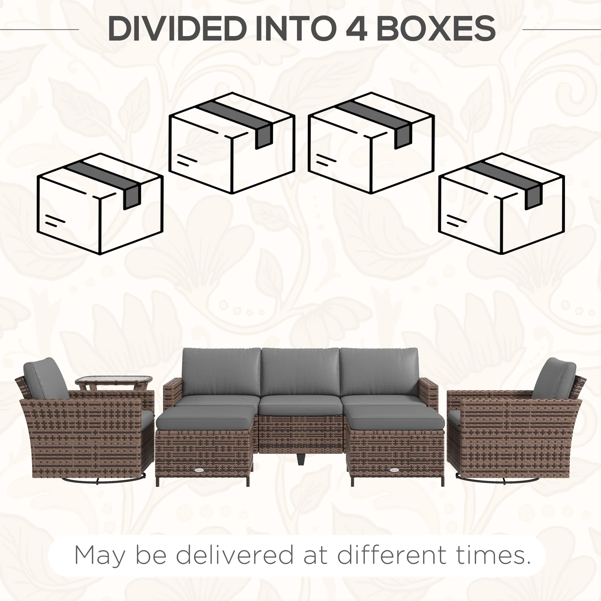 Outsunny 6pc Patio Furniture Set with Couch, Swivel Rocking Chairs, Brown