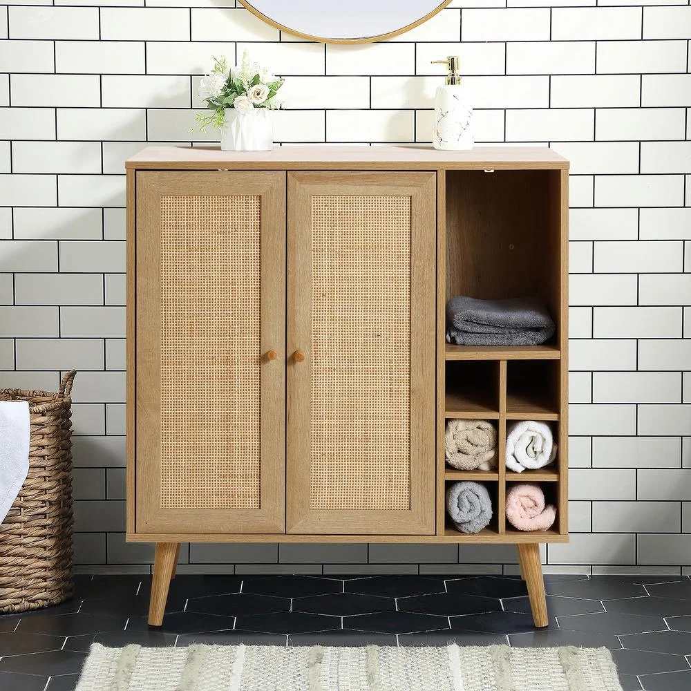 Luxen Home 2-Door Engineered Wood & Rattan Wine and Storage Cabinet in Light Oak