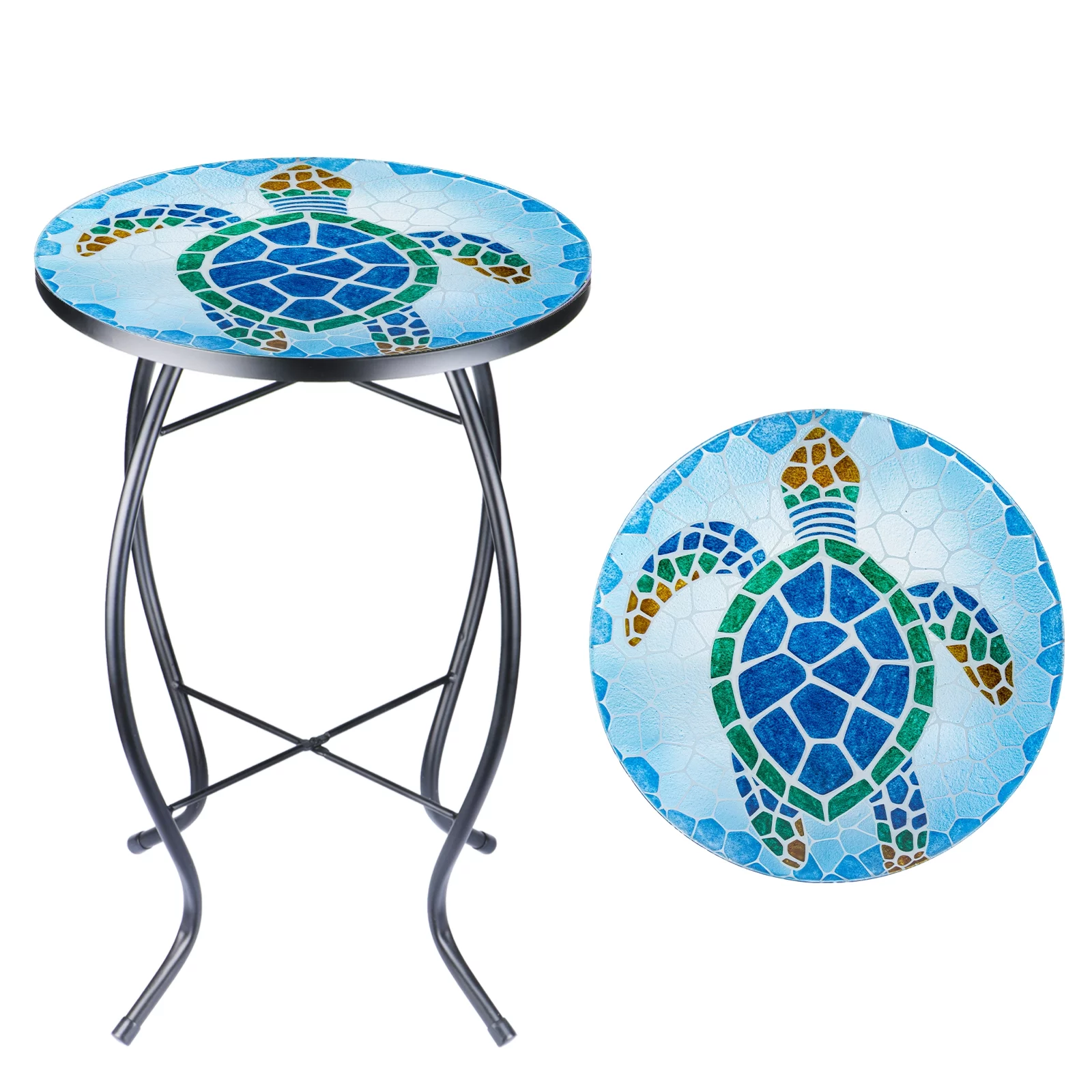 Wonder Garden 21 Inch Table Round Outdoor End Tables for Patio Mosaic Glass Tabletop Coffee Table Plant End Table Small Porch Table Indoor Green and Blue Sea Turtle