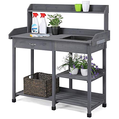 Yaheetech Potting Bench Outdoor Garden Work Bench Station Planting Solid Wood Construction for Horticulture w/Sink Drawer Rack Shelves Natural Wood