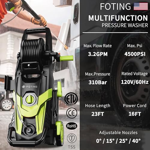 Electric Pressure Washer, 4500 PSI 3.2 GPM Power Washer with 4 Quick Connect Nozzles, Inlet Hose & Filter&Foam Cannon for Cars/Fences/Driveways/Home Cleaning