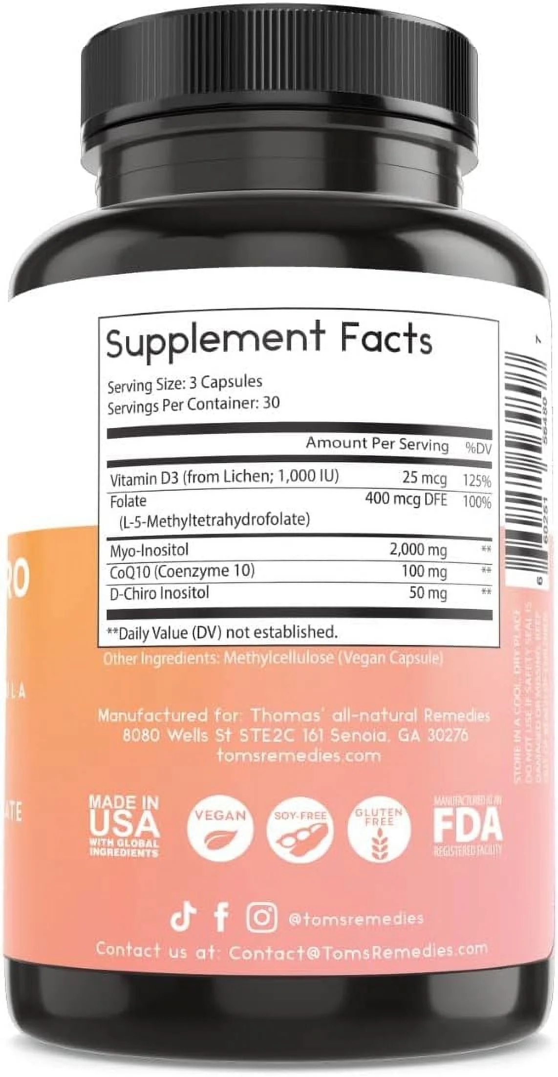 Thomas' all-natural Remedies MYO Inositol & D-Chiro Inositol Blend Supplement with Folate and Vitamin D3, Non-GMO, No Fillers, CoQ10, 90 Vegan Capsules.