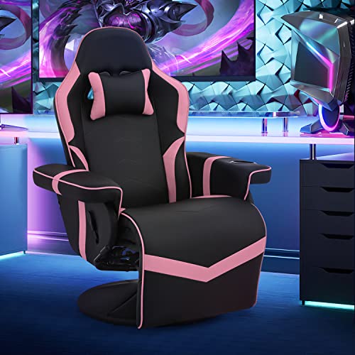 Magshion 360° Swivel Gaming Recliner Chair, Ergonomic PU Leather Reclining Chair with Adjustable Backrest, Footrest, Cup Holder & Neck Support, Heavy-Duty 300 lb Capacity for Adults, Teens, Grey