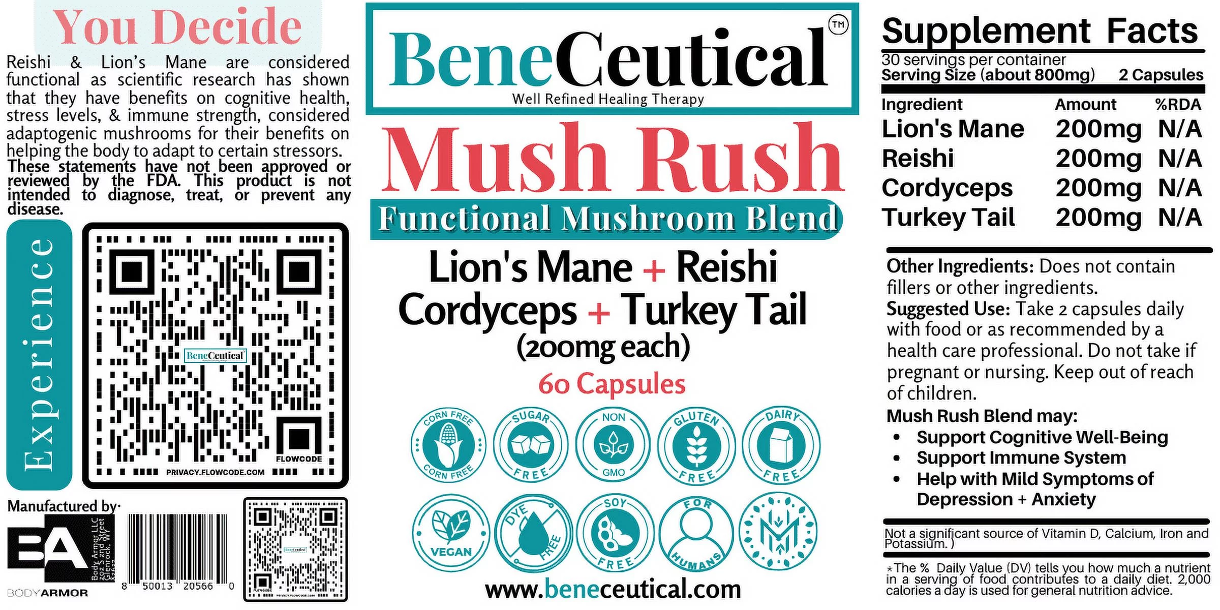 Mush Rush : Functional Mushroom Blend 60 Capsules 200mg Lion's Mane, Reishi, Cordyceps, Turkey Tail Nootropic Boost Immunity, Energy levels, Cognitive Performance, Sleep, & Gut Health by BeneCeutical