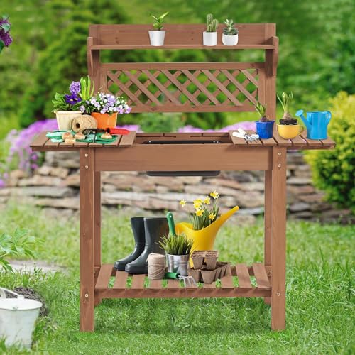 Yaheetech Potting Bench Table Outdoor Garden Horticulture Wooden Workstation Benches w/Sliding Tabletop/Removable Sink/Storage Shelf,Brown