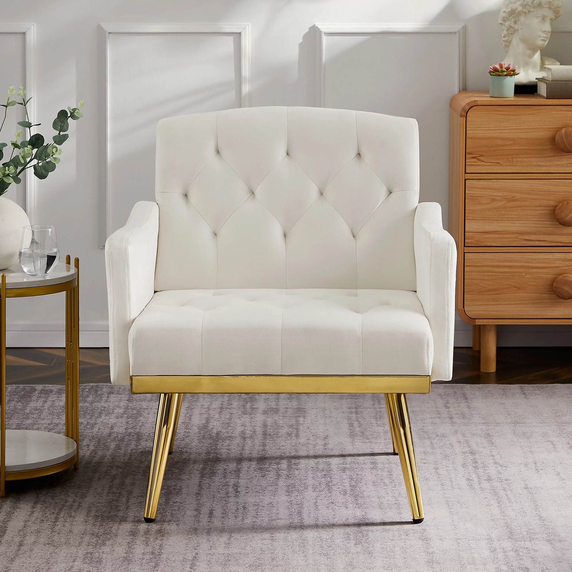 SYNGAR Accent Chair for Living Room, Bedroom Comfy Reading Armchair, Mid Century Modern Arm Chair Soft Upholstered Cozy Side Single Sofa Chair Relaxing Seating, Golden Metal Legs, White