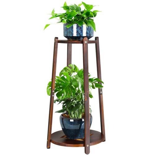 2 Tier Round Bamboo Plant Stands Shelves Indoor 12 Inch,Corner Flower Pot Stands Shelf, Wooden Tall Plant Pedestal Holder Rack for Succulent Catus Display in Living Room Patio Balcony Outdoor