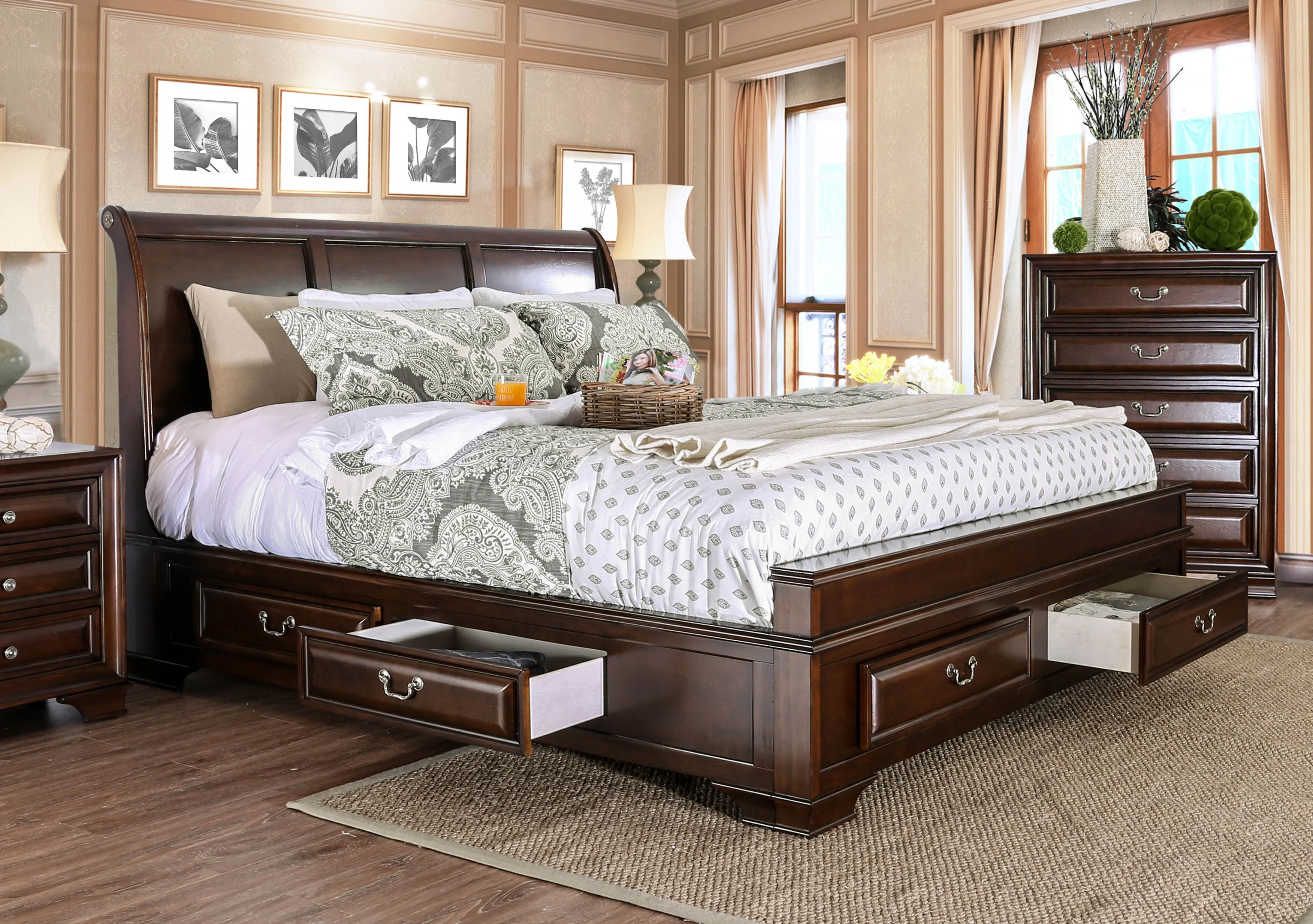 Furniture of America Damien Platform Bed, California King, Brown Cherry