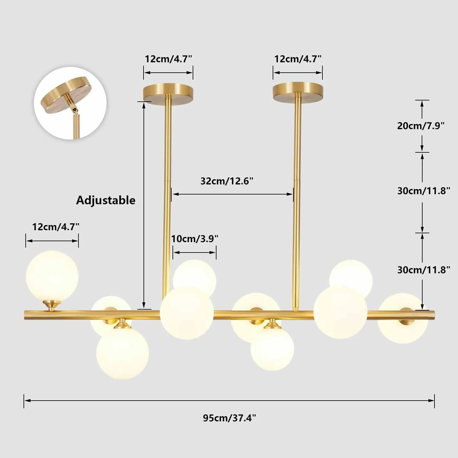 WANHUI Modern Gold Globe Sputnik Chandelier Mid Century Brass Linear Chandelier 10-Lights Frosted White Glass Ball Pendant Light Ceiling Lamp Dining Light Fixture Over Table