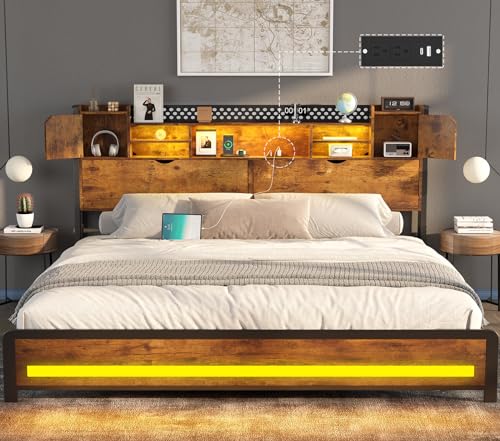 King Size Bed Frame with Storage Drawers and Bookcase Headboard, Wooden Platform King Bed with LED Lights and Charging Station, Hidden Storage, No Box Spring Needed/Noise Free, Vintage Brown