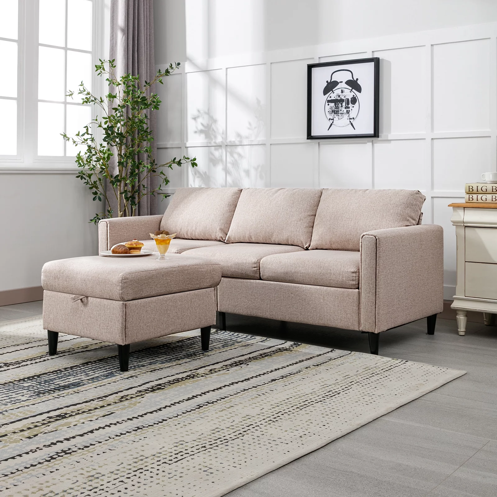 ZAFLY Convertible Sectional Sofa Couch, 3 Seater Sofa with Storage Ottoman, Modern L-Shape Linen Couches with Flexible Chaise for Living Room - Beige