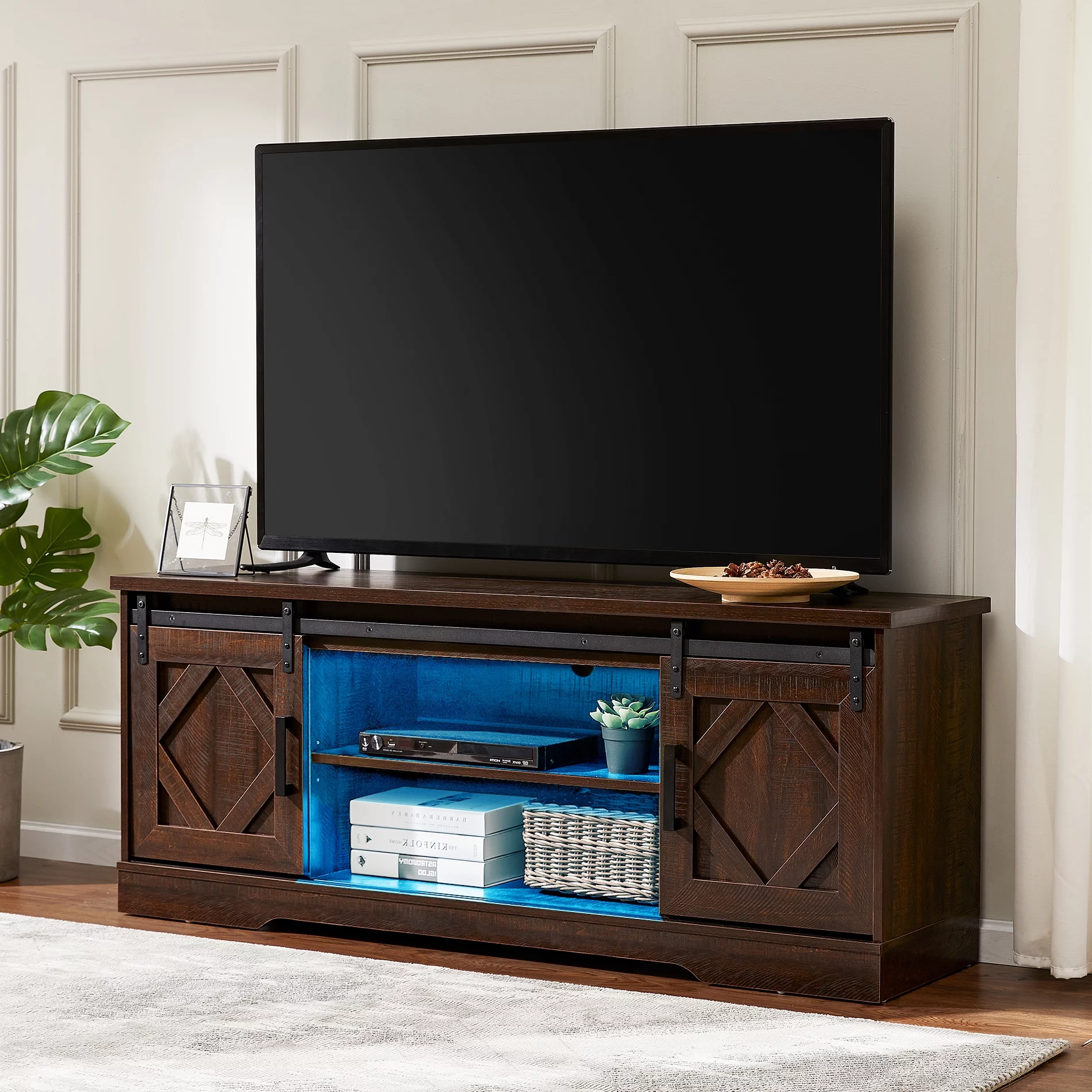 WAMPAT LED TV Stand for up to 65 inch Farmhouse TV Console with Storage for Living Room,Blue Light,Brown