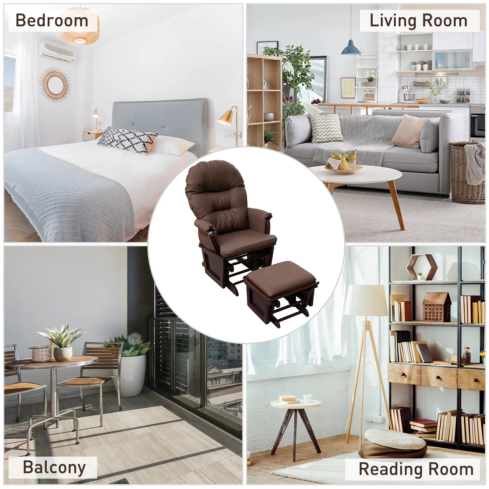 HOMCOM Nursery Glider Rocking Chair with Ottoman, Thick Padded Cushion Seating and Wood Base, Brown