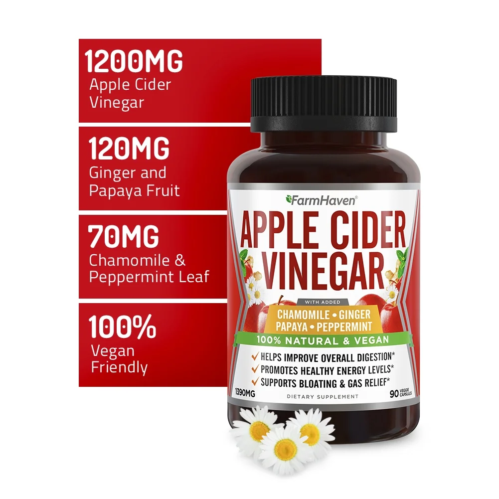 Apple Cider Vinegar Capsules With Ginger, Papaya & Chamomile | 1390mg | Improves Digestion, Energy, Immunity | Soothes Gas & Bloating Issues | Like With Mother | Non-GMO & 100% Natural | 90 Capsules
