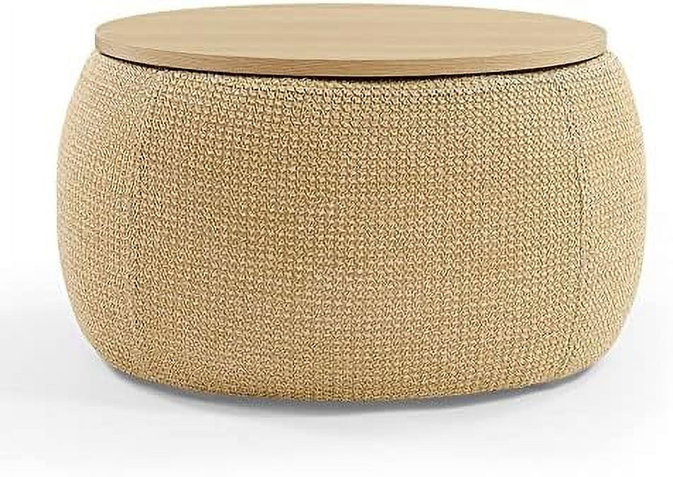 xrboomlife Round Ottoman with  for Living Room - Coffee Table  Foot   Footstool  End Table - with Reversible Lid Tray (Beige + Stool)