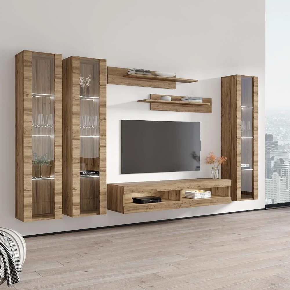 Meble Furniture Fly CD2 34TV Wall Mounted Floating Modern Entertainment Center Oak