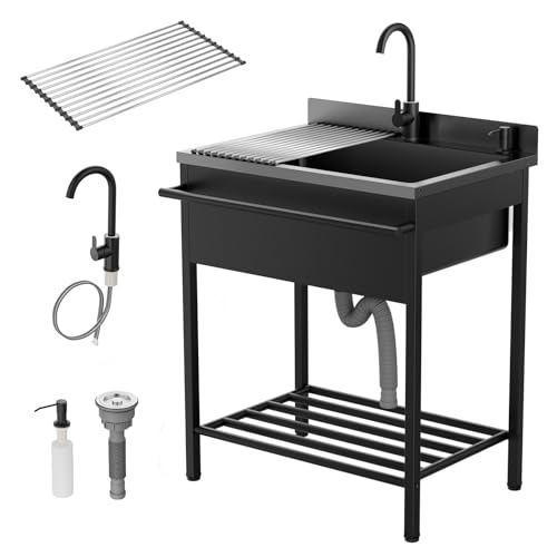 ROVSUN Stainless Steel Utility Sink, Free Standing with Faucet & Draining Rack for Laundry Room, Kitchen, Restaurant, Garage, Outdoor Garden, Backyard, Industrial 22