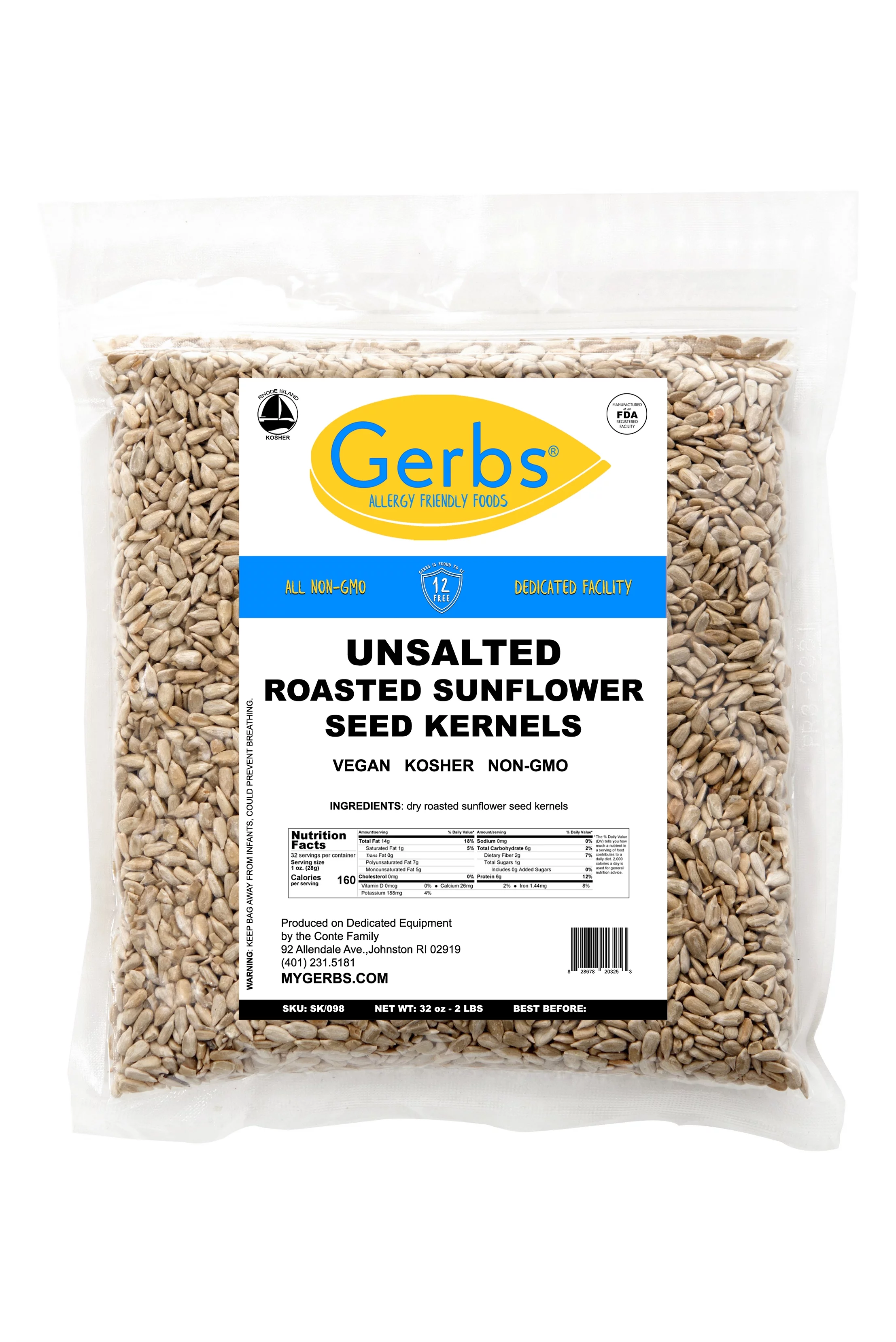 Unsalted Roasted Sunflower Seed Kernels by Gerbs - 2 LBS. - Top 14 Food Allergen Free & NON GMO - Vegan & Kosher