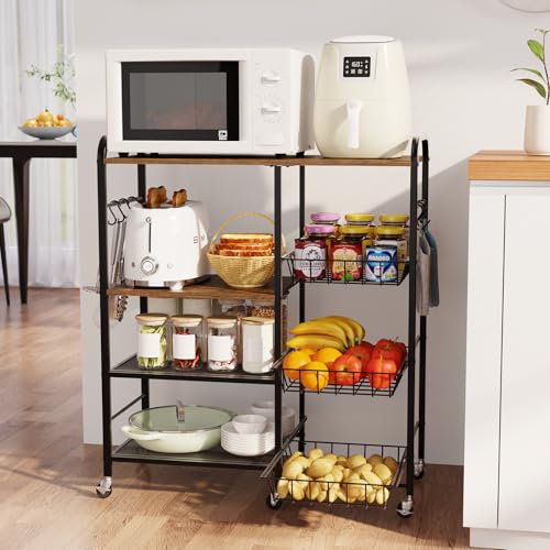 HapiRm Rolling Kitchen Microwave Cart - 4 Tier Microwave Table Stand with Pull-Out Baskets, Coffee Bar Baker's Rack with Wheels Rolling Storage Cart Organizer Shelf for Living Room Office, Balcony