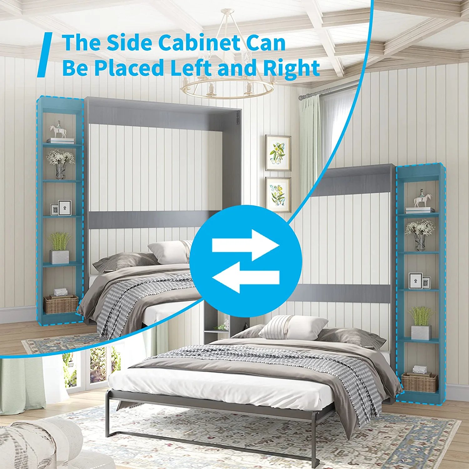 Mjkone Murphy Bed with 1 Side Cabinet, Folding Wall Bed for Bedroom, Fold Up Murphy Bed Cabinet, Murphy Chest Bed Can Be Folded into a Cabinet, Storage Bed (Dark Grey)