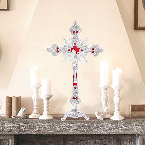 Metal Standing Crucifix – Beautiful Golden Tabletop Catholic Jesus Cross for Home Chapel Decoration and Religious Gifts(Golden-Red)