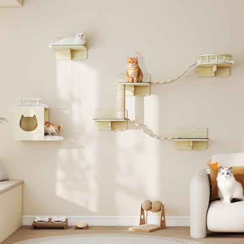 Cat Wall Shelves, Wall-Mounted Cat Furniture, Wooden Modern Wall Mounted Cat Climber Set Furniture with House, Bridge, Steps, Shelves for Indoor, Wooden Climbing with Scratching Post