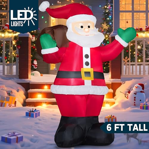 Joiedomi 6 FT Christmas Inflatable Santa with Gift Bag, Blow Up Xmas Inflatable Decorations with Build in LEDs for Christmas Decor, Yard Outdoor Garden Lawn Winter Decorations
