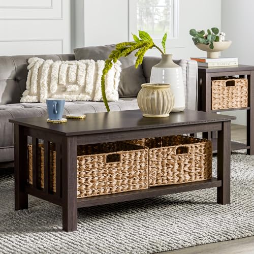 Walker Edison Coastal Black Living Room Coffee Table with Lower Shelf and Faux Rattan Wicker Baskets, 40 Inch