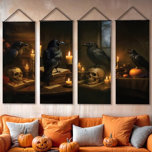 KatchOn Halloween Wall Banner Bundle – Spooky Raven And Skull Stretching Portraits (47x16) And Dark Brown Horror Backdrop (72x44) | Gothic Wall Decor And Photo Backdrop for Halloween Party Decoratio