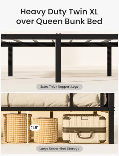 Full Over Full Bunk Bed with Trundle, Heavy Duty Metal Bed Frame with Full-Length Guardrails & Ladder, 3-in-1 Convertible Full Bunk Bed, Noise-Free, No Box Spring Needed, Black