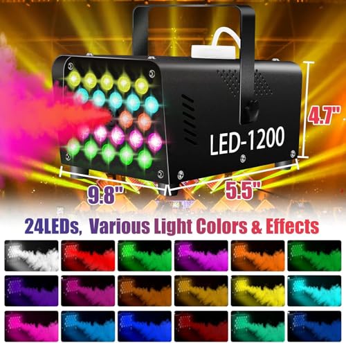 Fog Machine 24 Colorful LED Lights Effect 1200W Smoke Machine and 2500CFM Fog with 1 Wired Receiver and 2 Wireless Remote Controls Perfect Present for Christmas Party Wedding DJ Performance and Stage