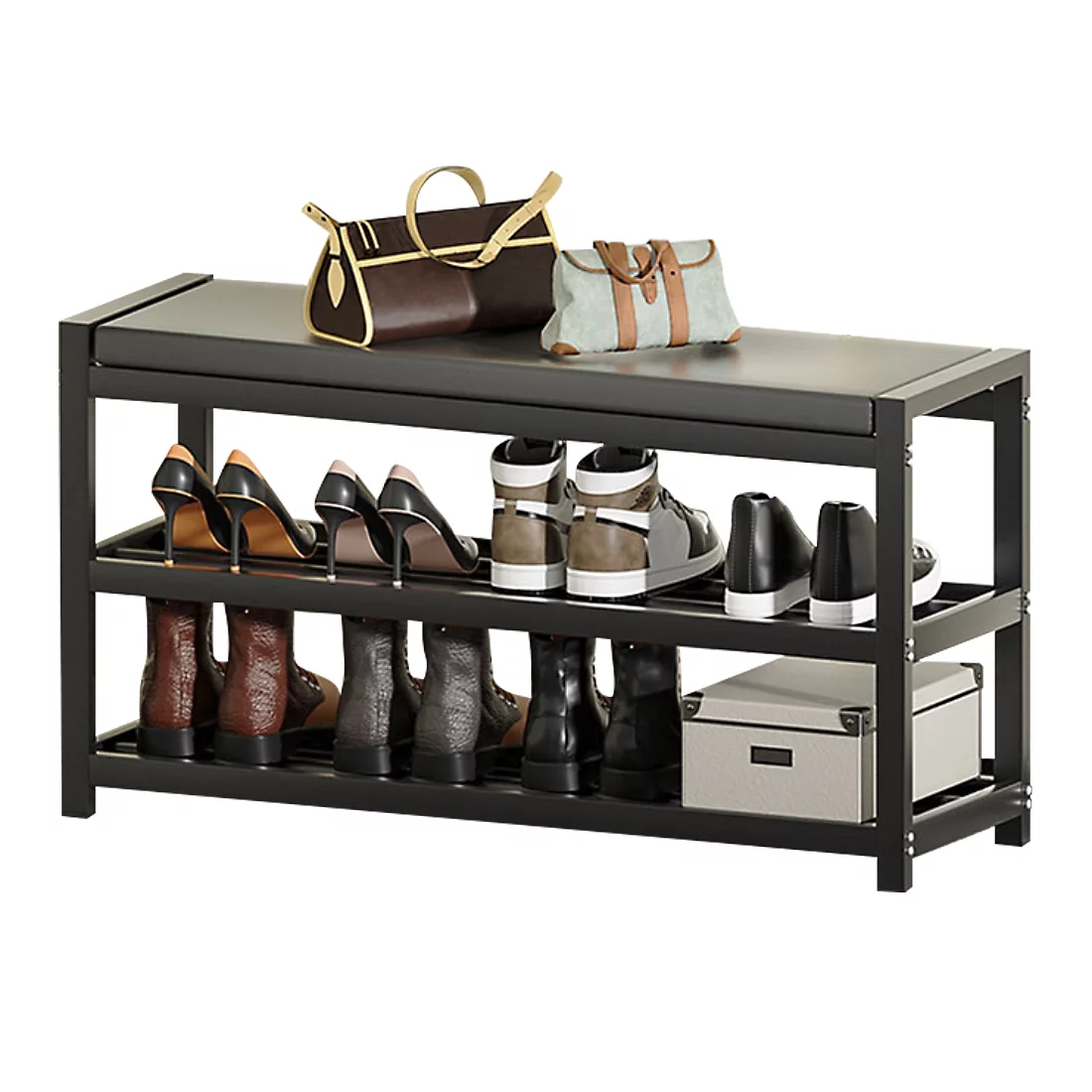 Isyunen Shoe Rack Bench 2-Tier Shoe Storage Shelf with Vegan Leather Seat Entryway Gray Shoe Rack for Entryway Hallway Living Room