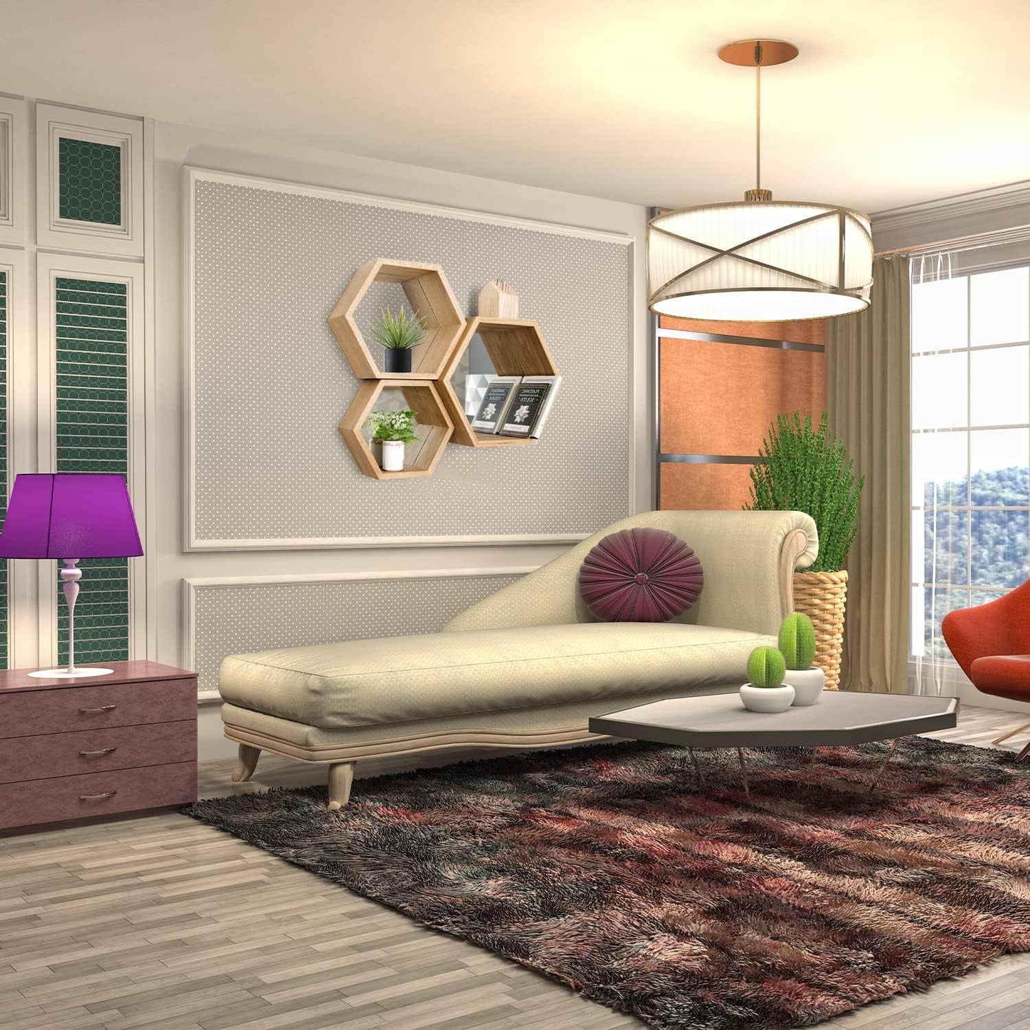 Set Of 3 Wooden Wall Mounted Hexagon Floating Shelves, Hexagon Shelves Set For Kitchen, Living Room, Bedroom, Hexagon Shelves For Decorations ( Oak)