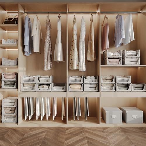 Pinkpum 4 Pack Folding Closet Organizers Storage Box, Stackable Plastic Drawer Basket for Clothing, Stackable Storage Bins Shelf Storage Container for Closet Wardrobe Bedroom Bathroom Office (Black)